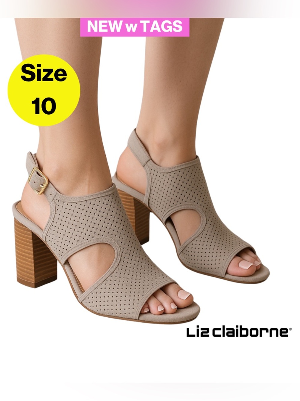 2/for $20 🪩 NEW w TAGS 🏷️ LIZ CLAIBORNE Nude Open Toe Block Heels (Women’s 10)